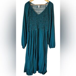Ava & Viv Women's 1X Long Neck Balloon Sleeve Smocked Teal Dress Green Geo Print